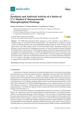 Synthesis and Antiviral Activity of a Series of 2′-C- Methyl-4′-Thionucleoside Monophosphate Prodrugs