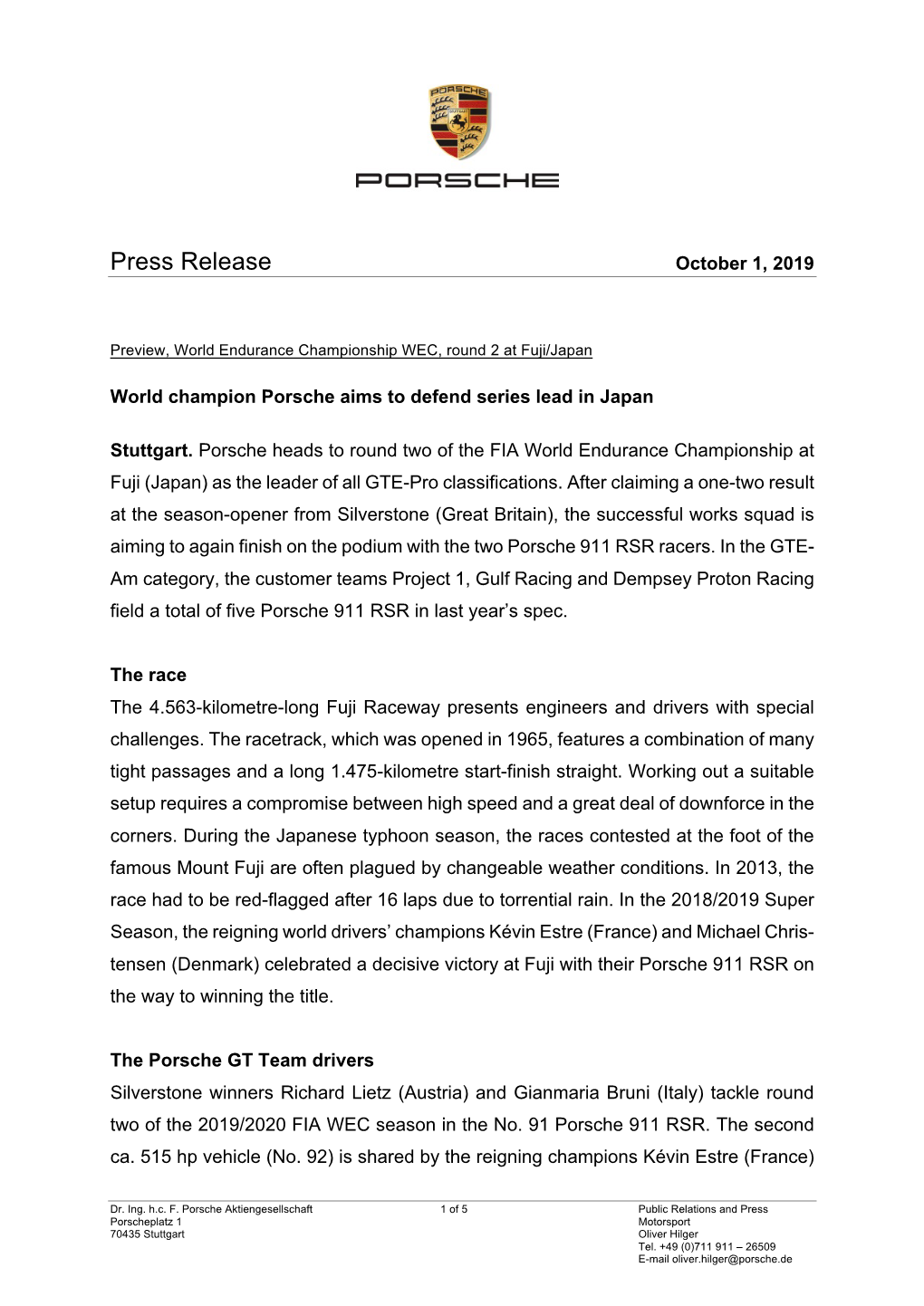 Press Release October 1, 2019