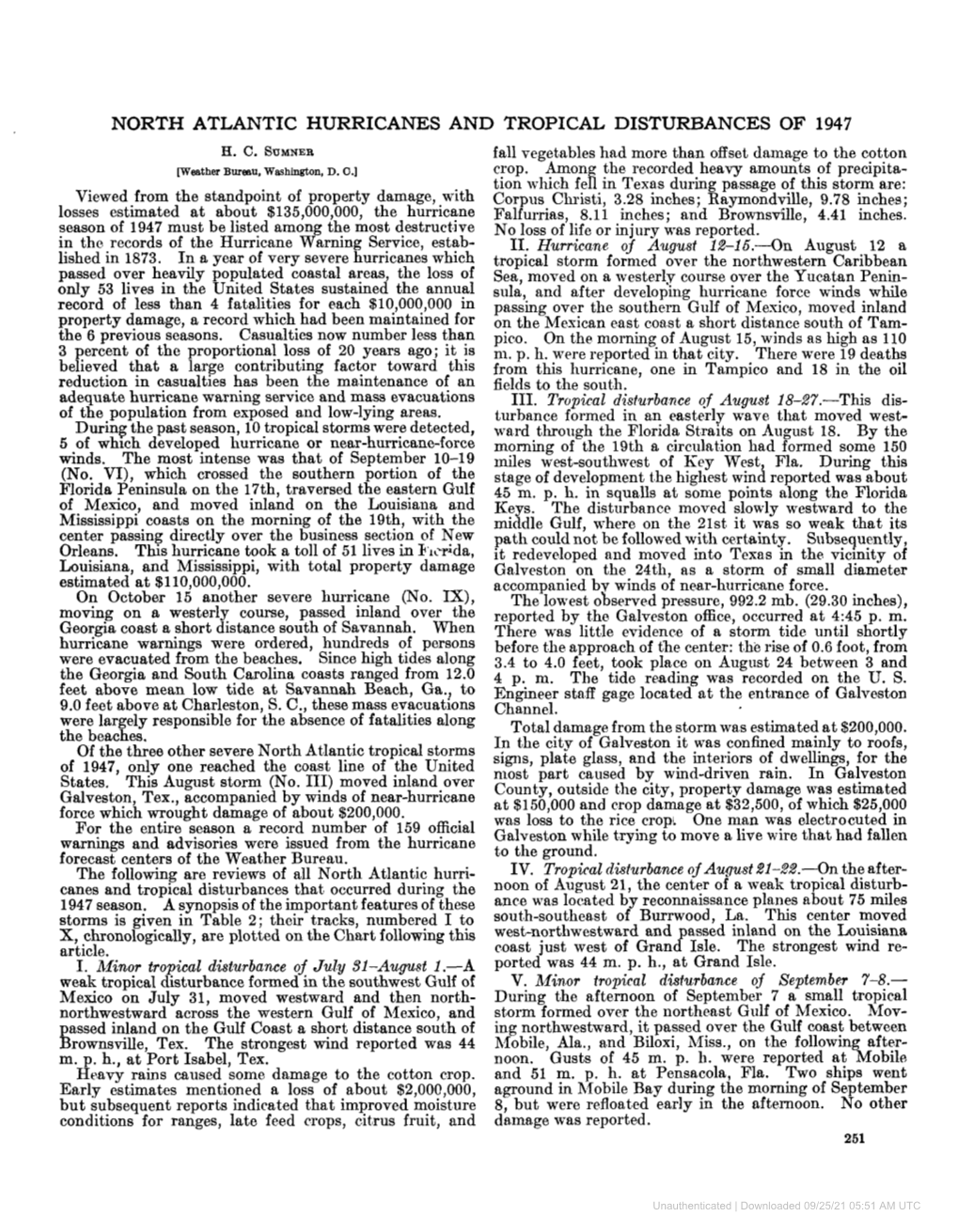 North Atlantic Hurricanes and Tropical Disturbances of 1947 H