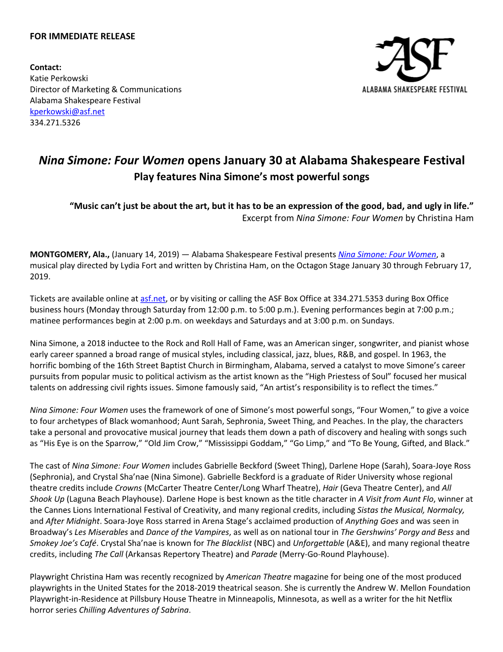 Nina Simone: Four Women Opens January 30 at Alabama Shakespeare Festival Play Features Nina Simone’S Most Powerful Songs