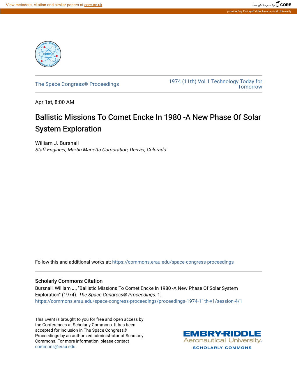 Ballistic Missions to Comet Encke in 1980 -A New Phase of Solar System Exploration