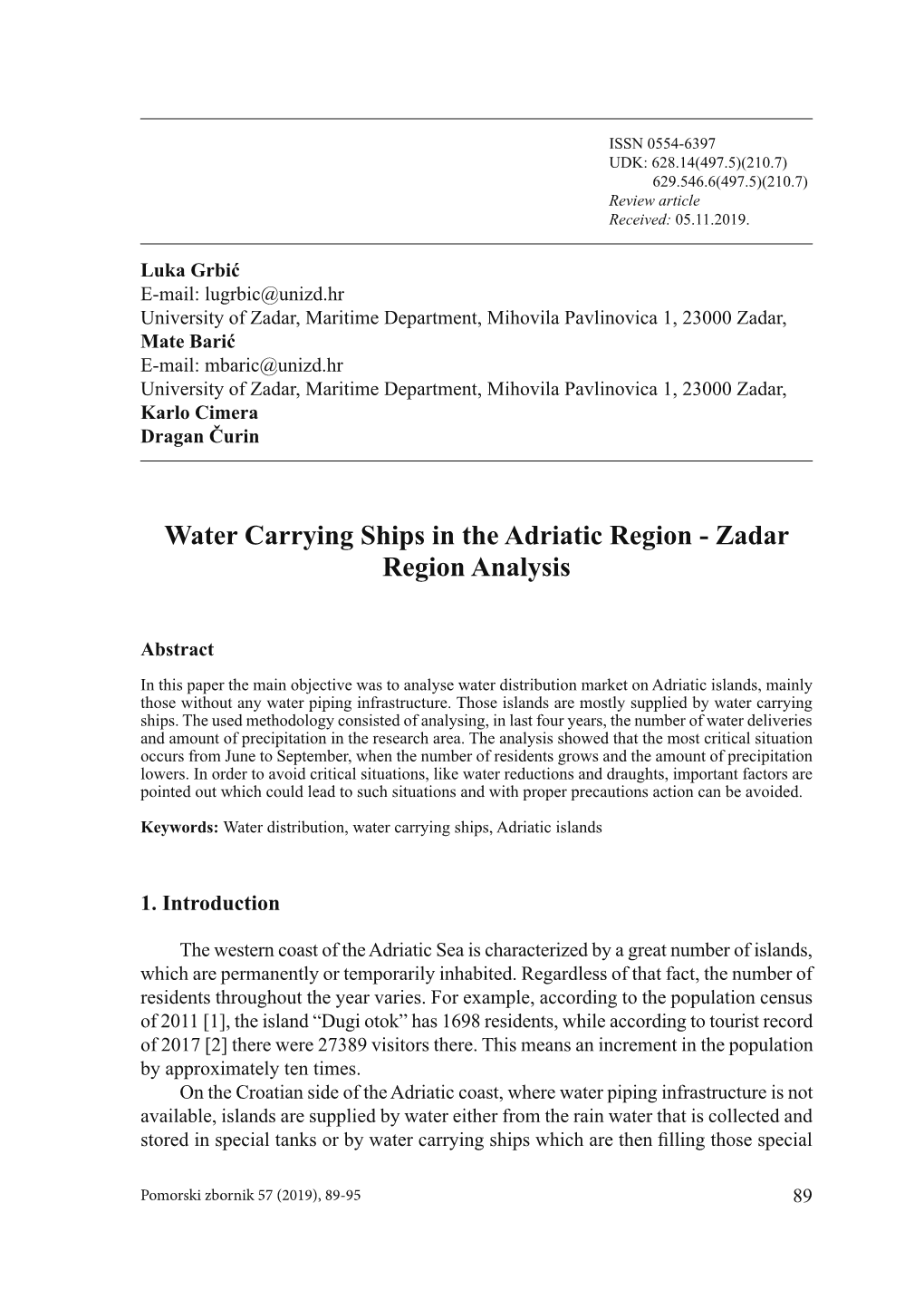 Water Carrying Ships in the Adriatic Region - Zadar Region Analysis