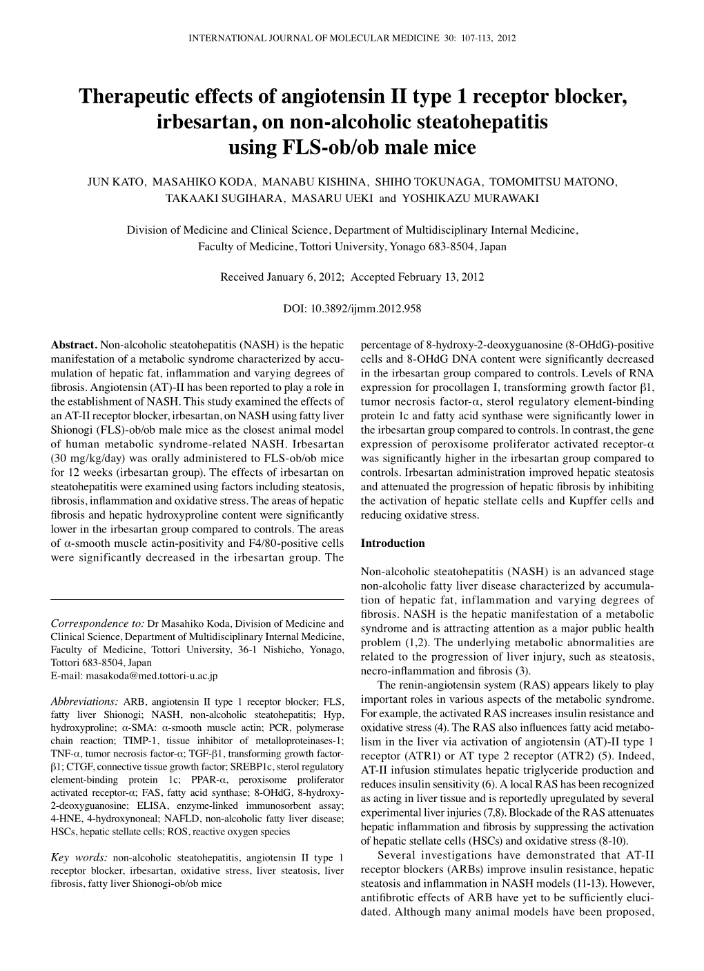 Therapeutic Effects of Angiotensin II Type 1 Receptor Blocker, Irbesartan, on Non-Alcoholic Steatohepatitis Using FLS-Ob/Ob Male Mice