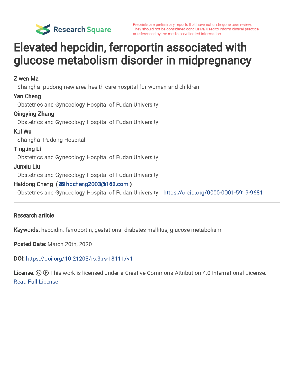 Elevated Hepcidin, Ferroportin Associated with Glucose Metabolism Disorder in Midpregnancy