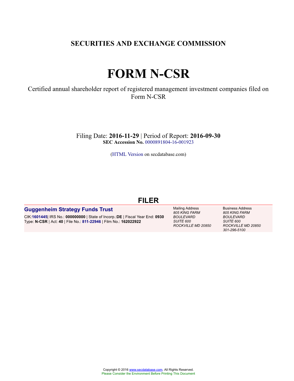 Guggenheim Strategy Funds Trust Form N-CSR Filed 2016-11-29