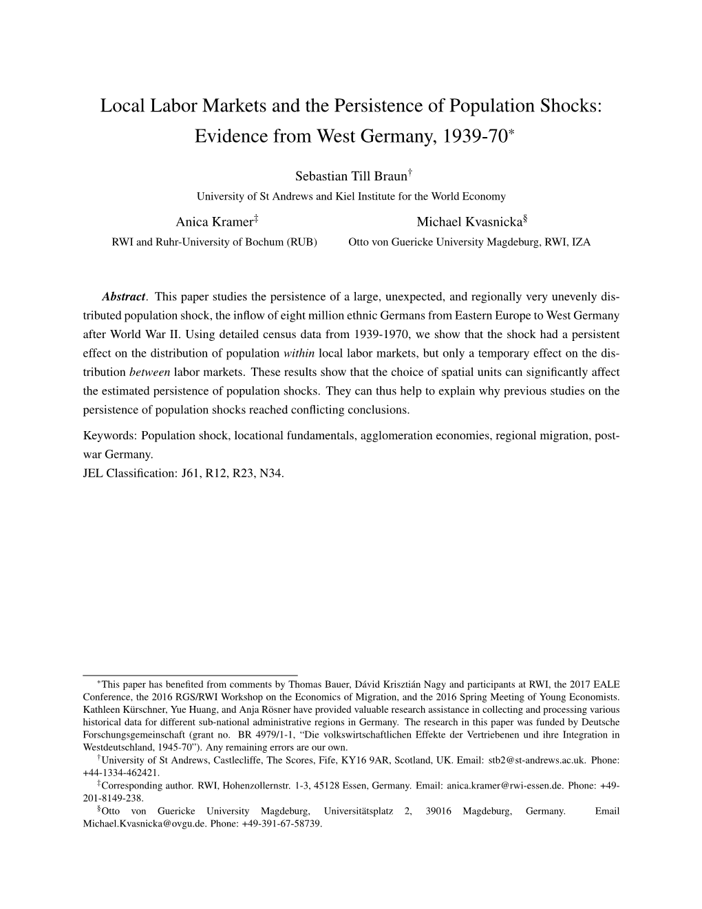 Local Labor Markets and the Persistence of Population Shocks: Evidence from West Germany, 1939-70*