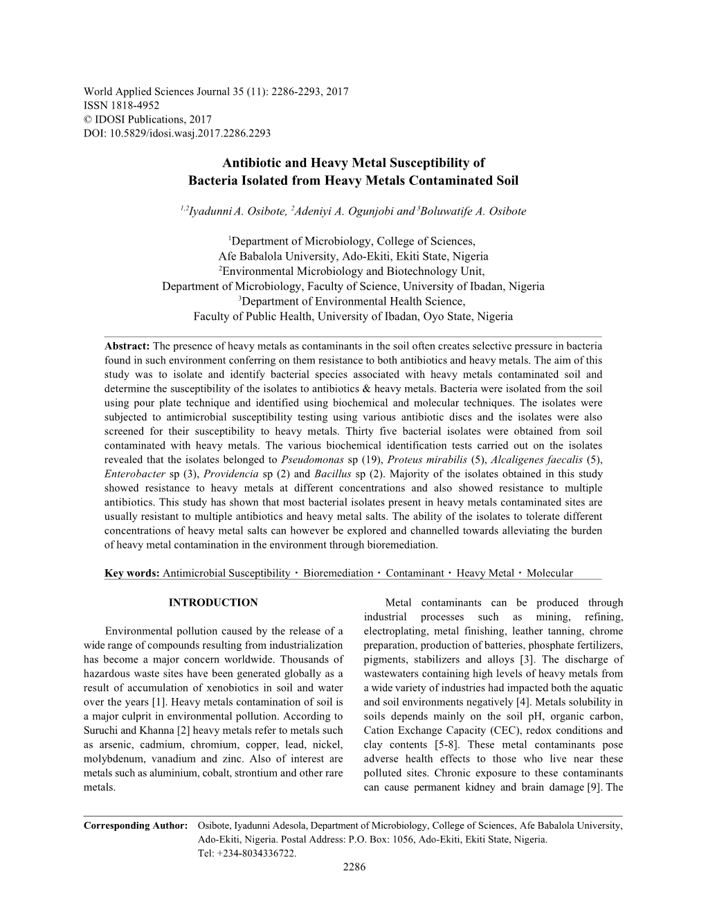 Antibiotic and Heavy Metal Susceptibility of Bacteria Isolated from Heavy Metals Contaminated Soil