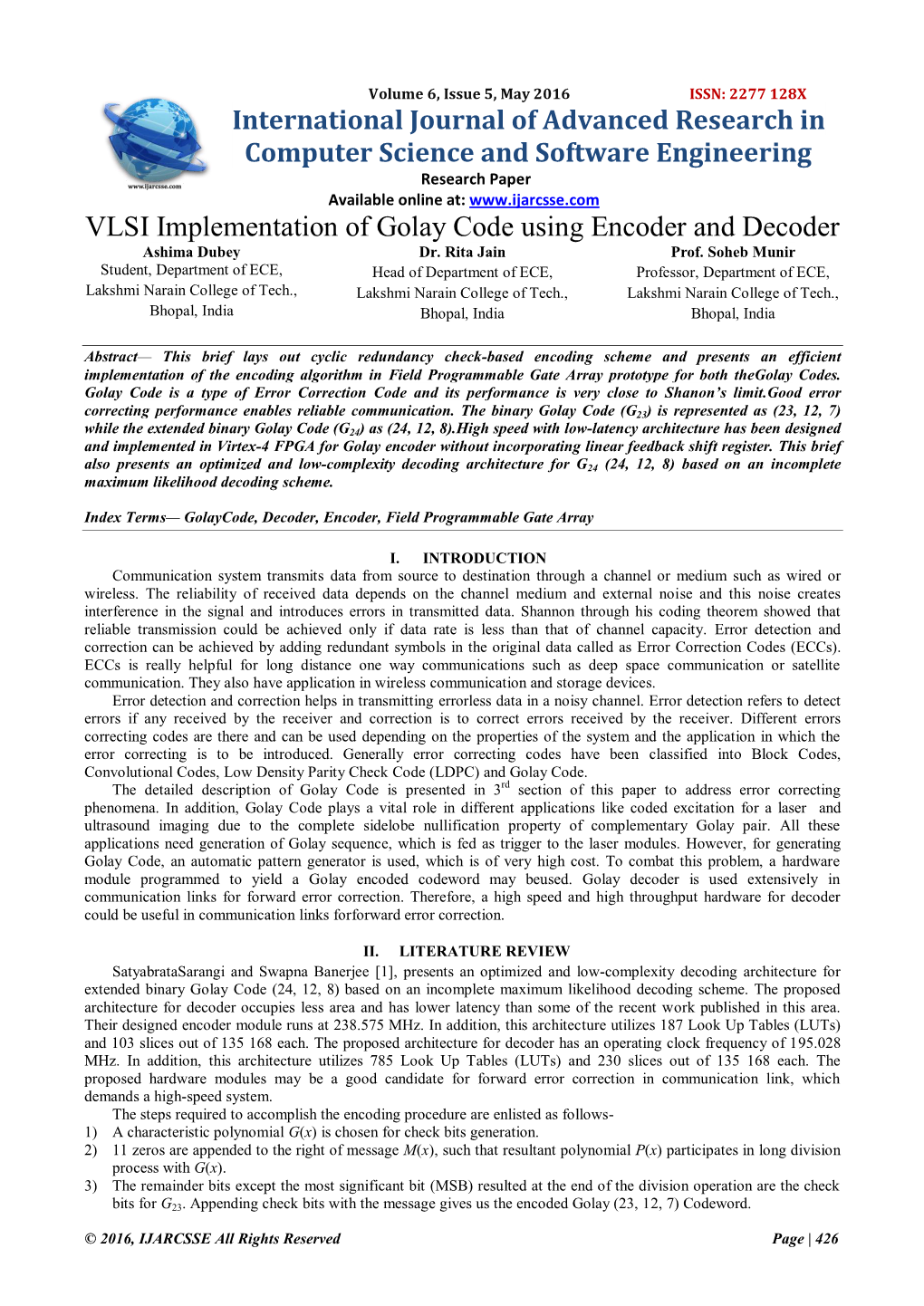 VLSI Implementation of Golay Code Using Encoder and Decoder Ashima Dubey Dr