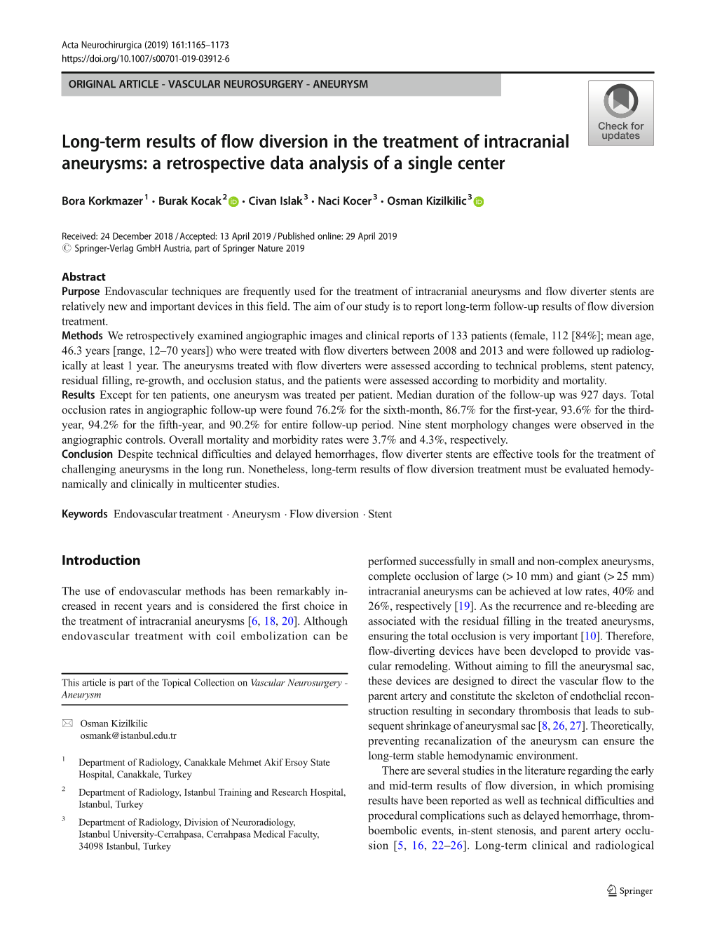 Long-Term Results of Flow Diversion in the Treatment of Intracranial Aneurysms: a Retrospective Data Analysis of a Single Center