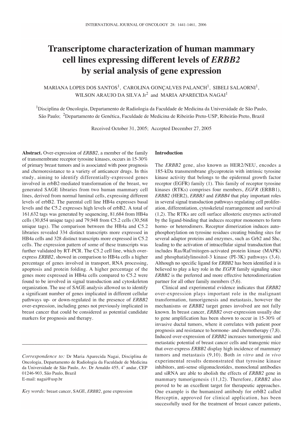 Transcriptome Characterization of Human Mammary Cell Lines Expressing Different Levels of ERBB2 by Serial Analysis of Gene Expression