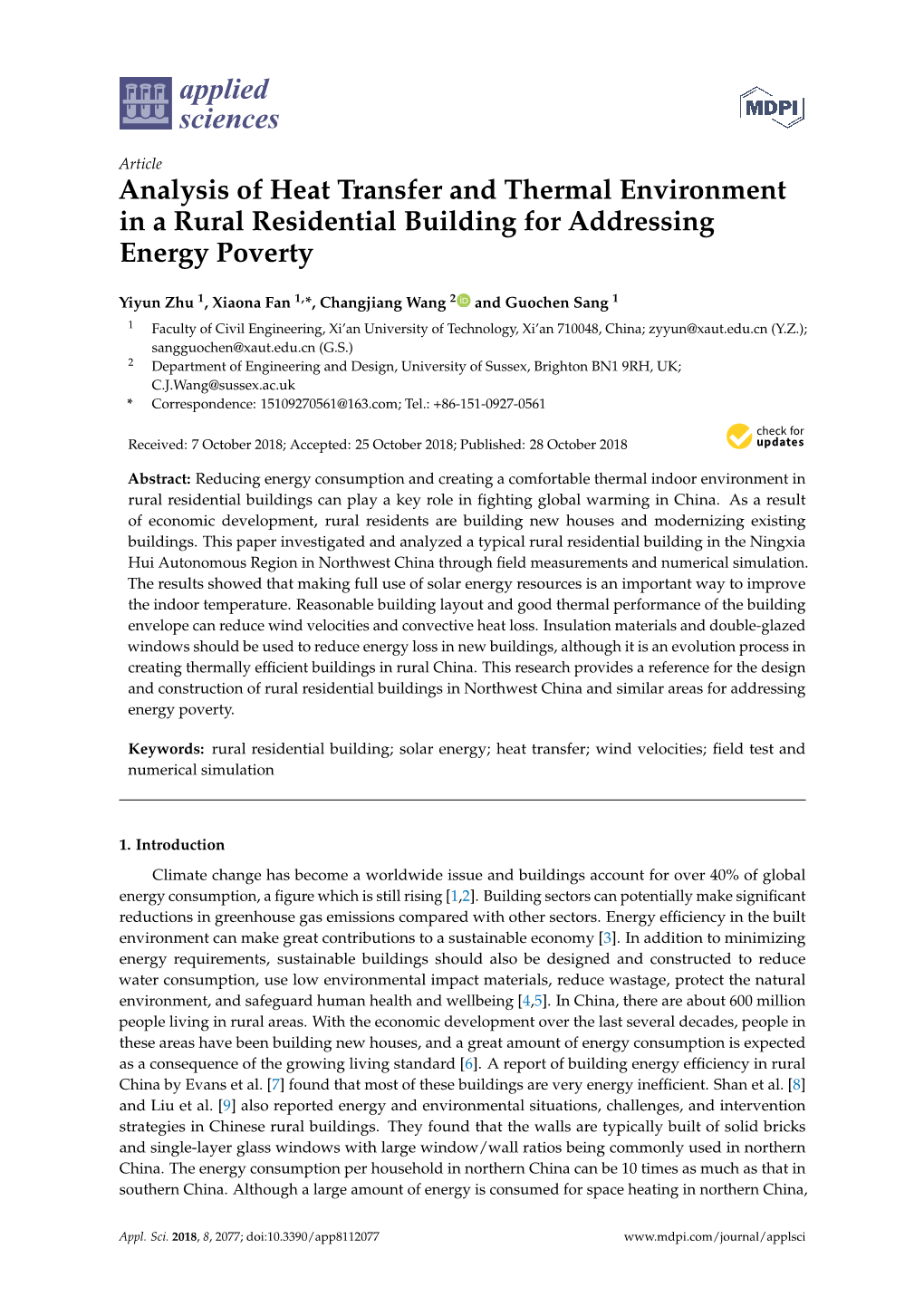 Analysis of Heat Transfer and Thermal Environment in a Rural Residential Building for Addressing Energy Poverty