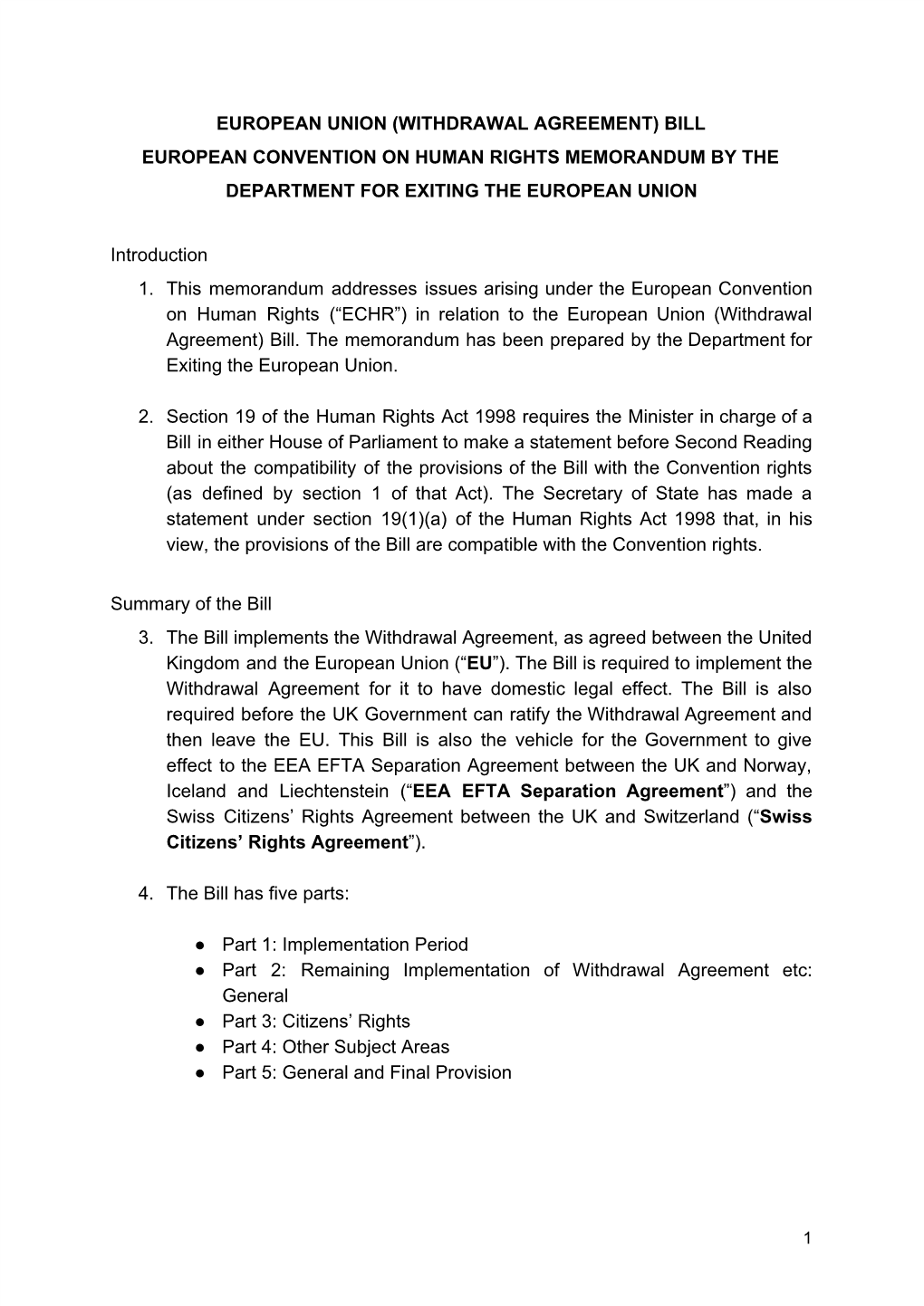 Withdrawal Agreement) Bill European Convention on Human Rights Memorandum by the Department for Exiting the European Union