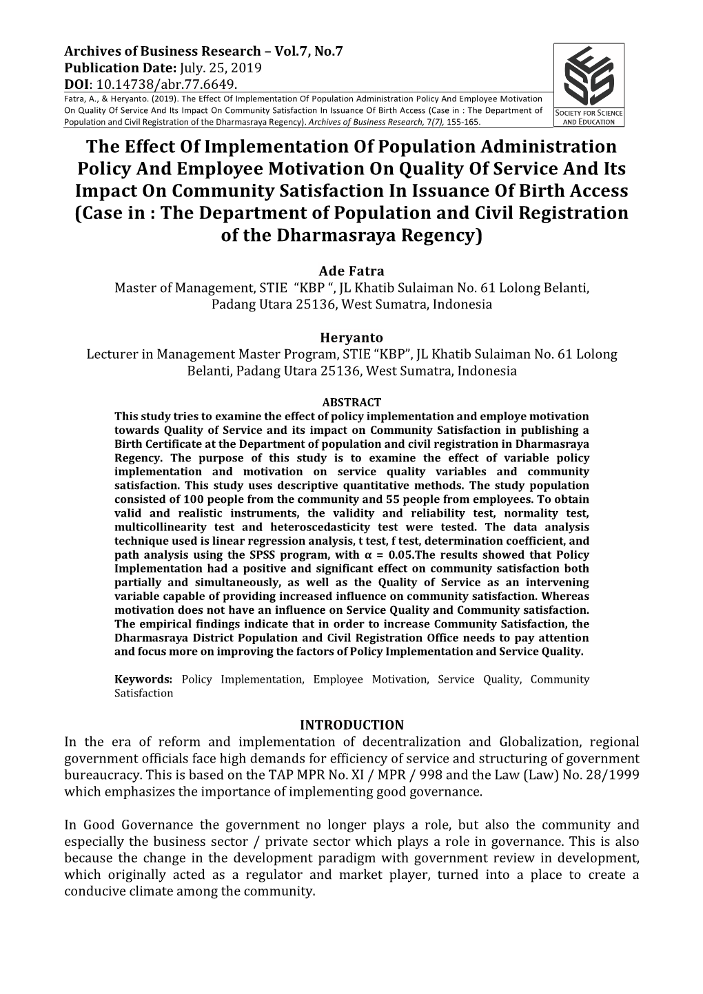 The Effect of Implementation of Population Administration Policy