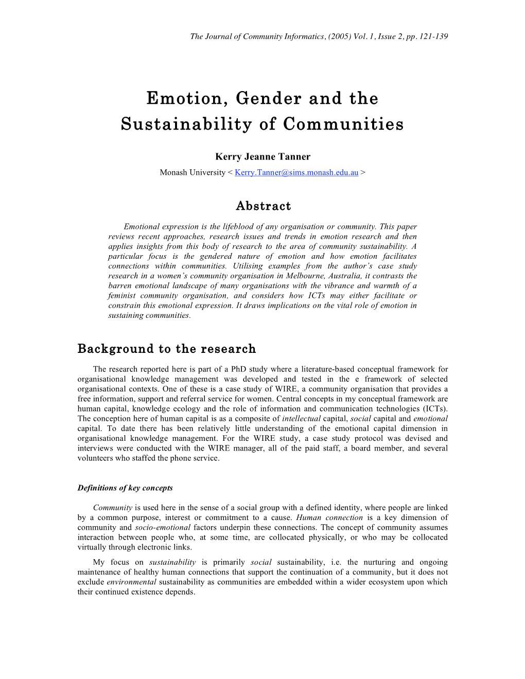Emotion, Gender and the Sustainability of Communities