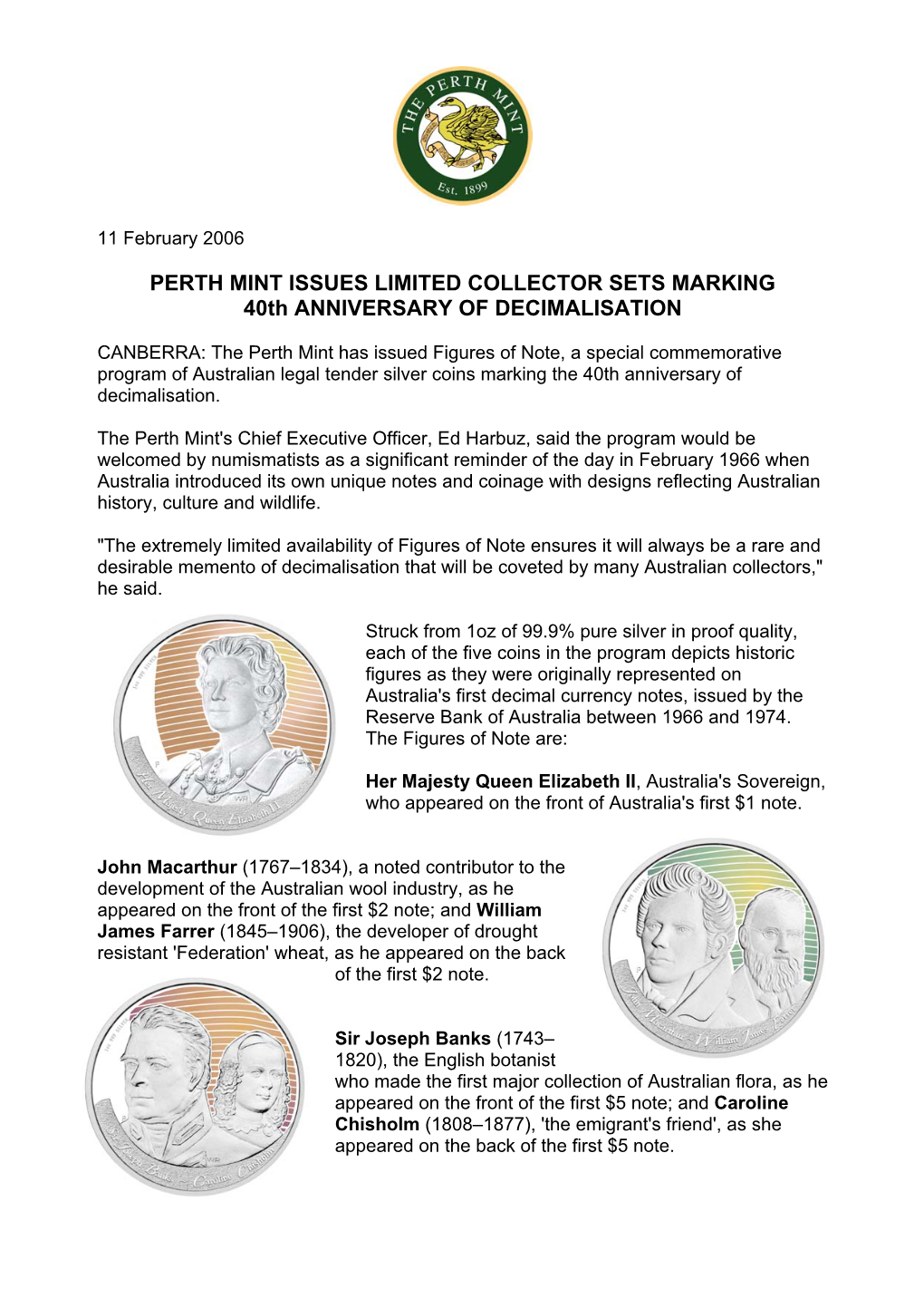 PERTH MINT ISSUES LIMITED COLLECTOR SETS MARKING 40Th ANNIVERSARY of DECIMALISATION