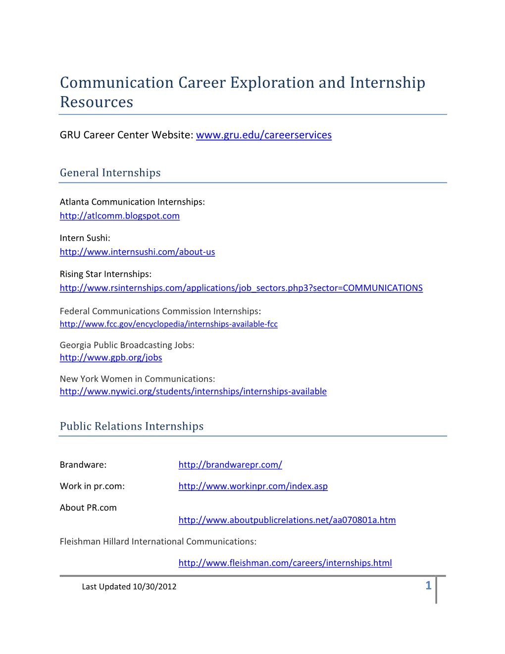 Communication Career Exploration and Internship Resources