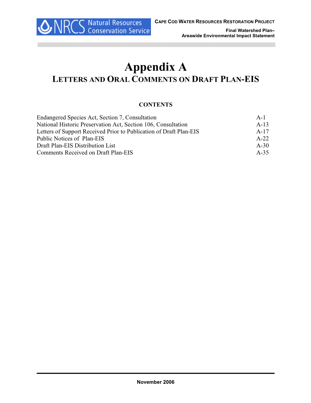 Appendix a LETTERS and ORAL COMMENTS on DRAFT PLAN-EIS