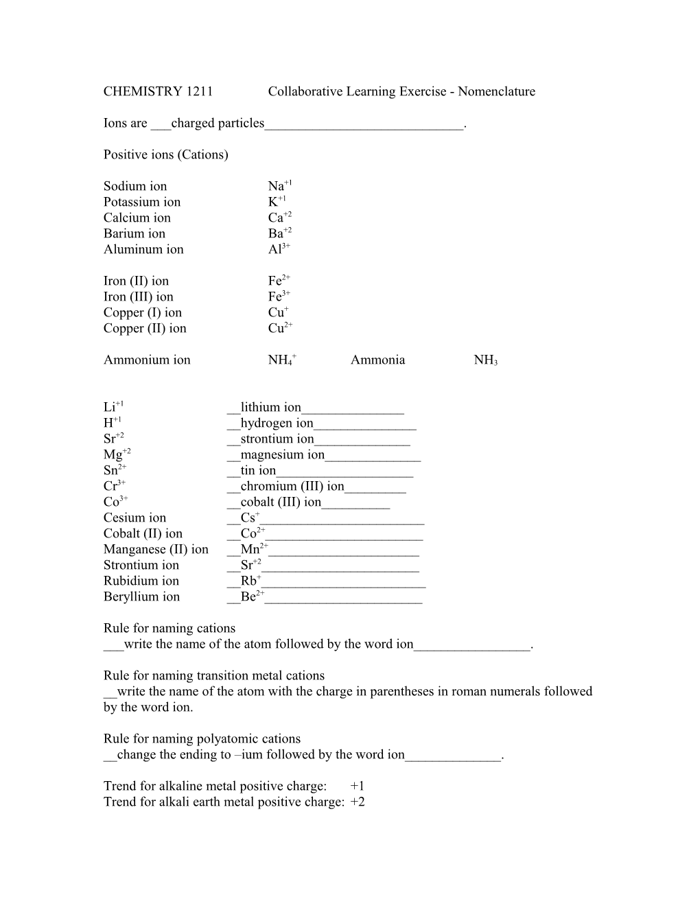 CHEMISTRY 1211 Collaborative Learning Exercise - Nomenclature