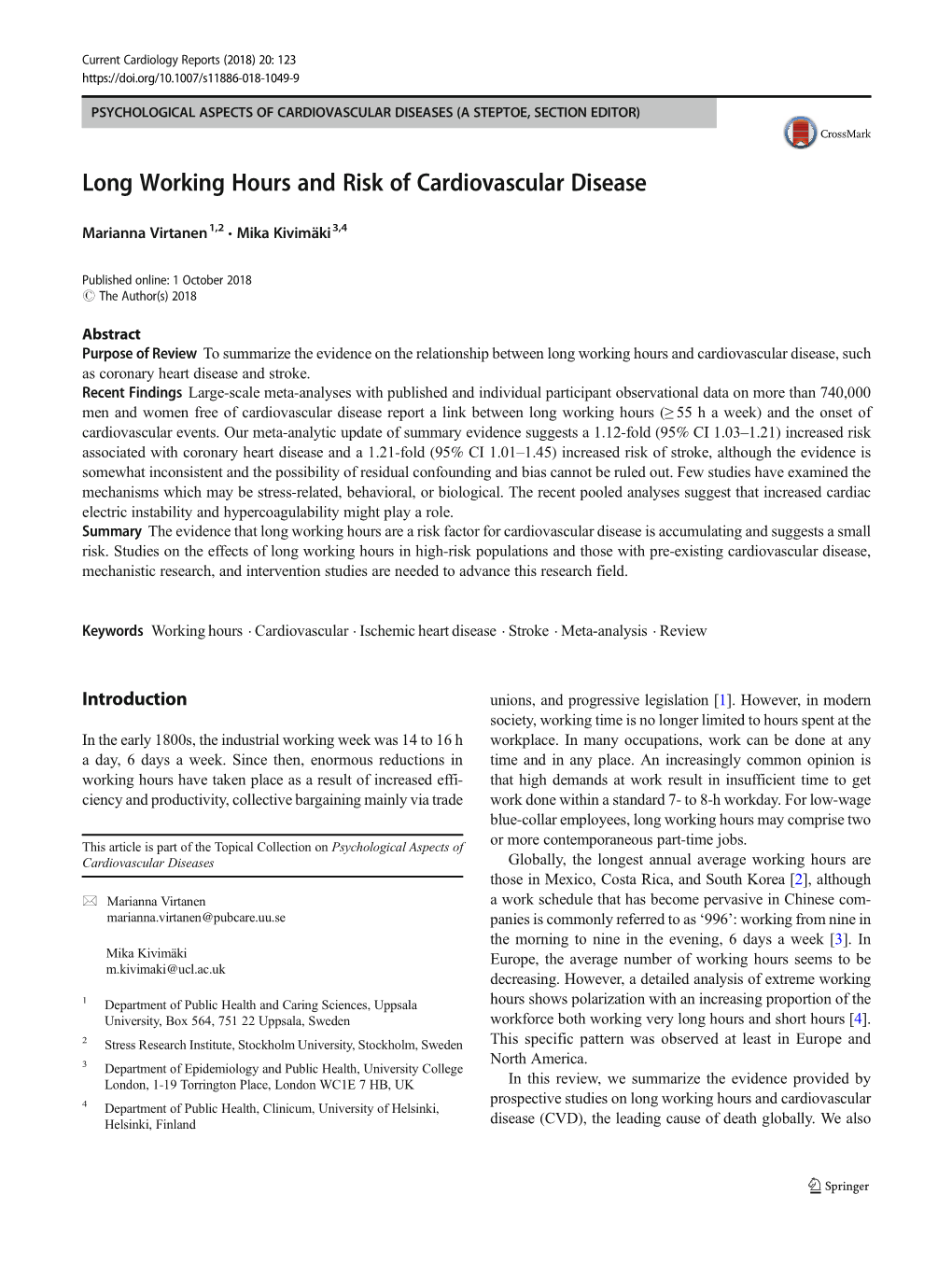 Long Working Hours and Risk of Cardiovascular Disease