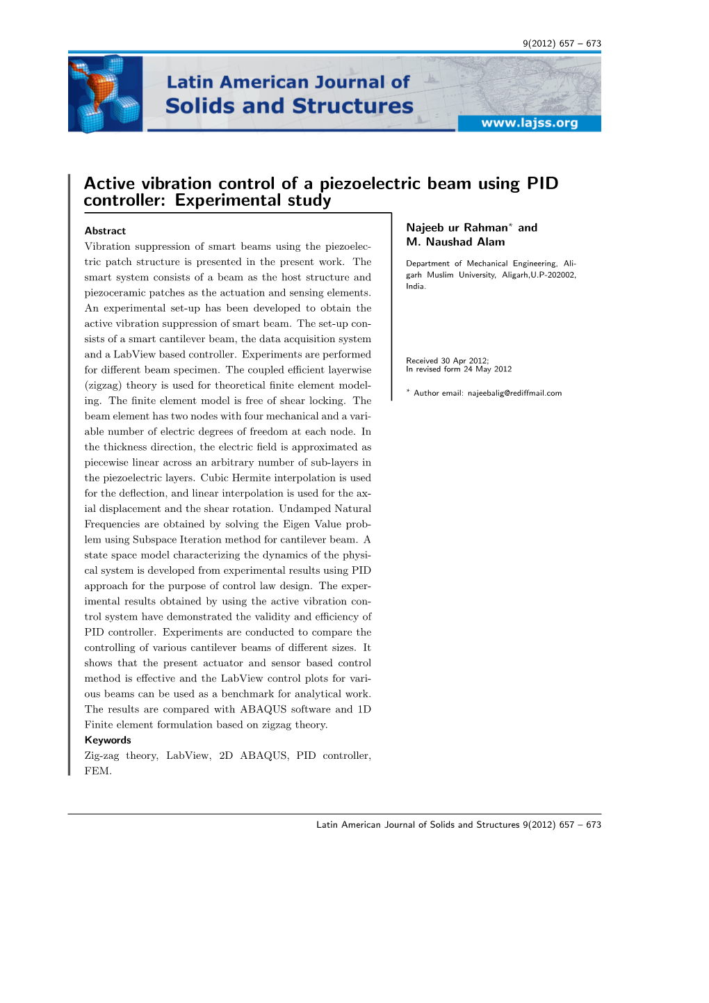 Active Vibration Control of a Piezoelectric Beam Using PID Controller: Experimental Study