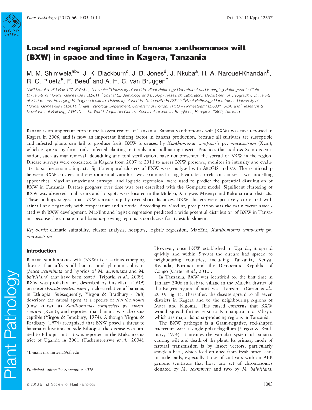 Local and Regional Spread of Banana Xanthomonas Wilt (BXW) in Space and Time in Kagera, Tanzania