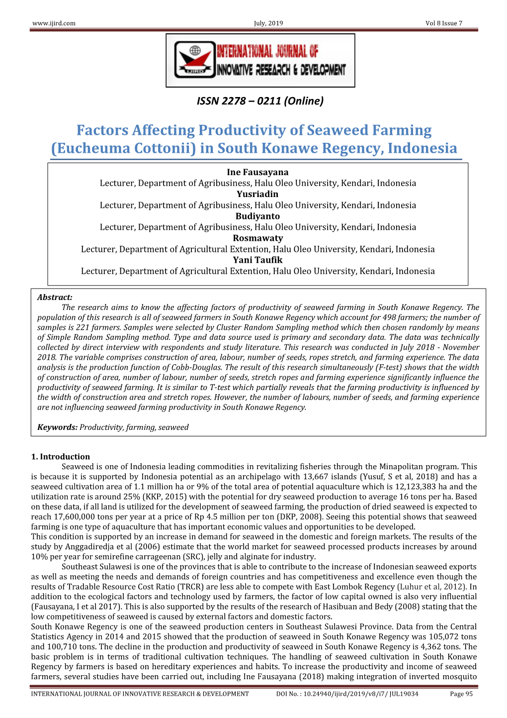 Factors Affecting Productivity of Seaweed Farming (Eucheuma Cottonii) in South Konawe Regency, Indonesia