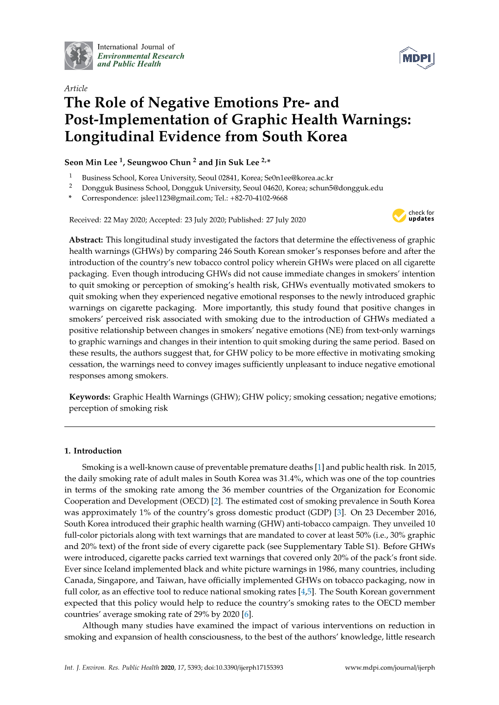 The Role of Negative Emotions Pre- and Post-Implementation of Graphic Health Warnings: Longitudinal Evidence from South Korea