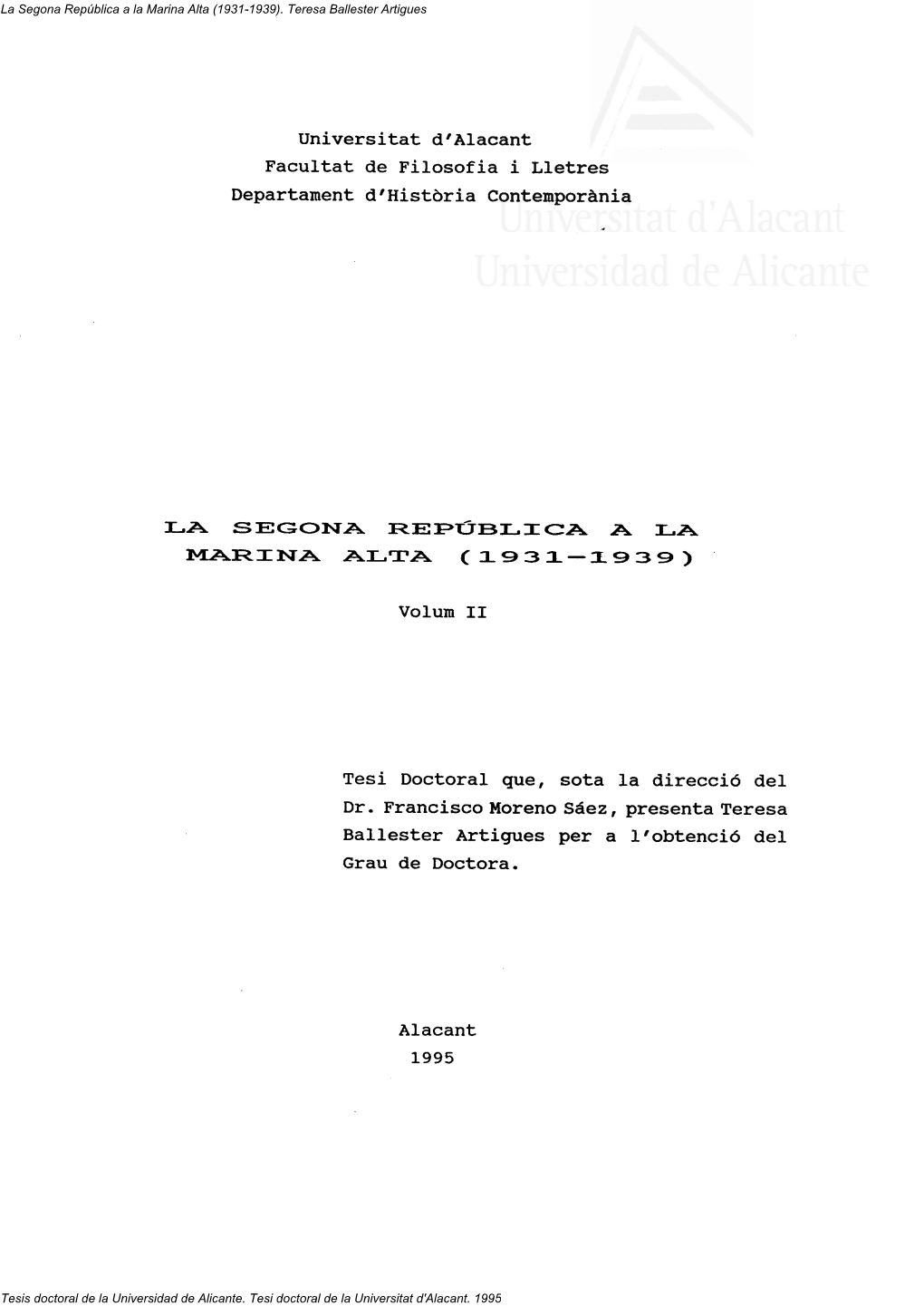 Universitat D'alacant Facultat De Filosofia I Lletres Departament D'història Contemporània