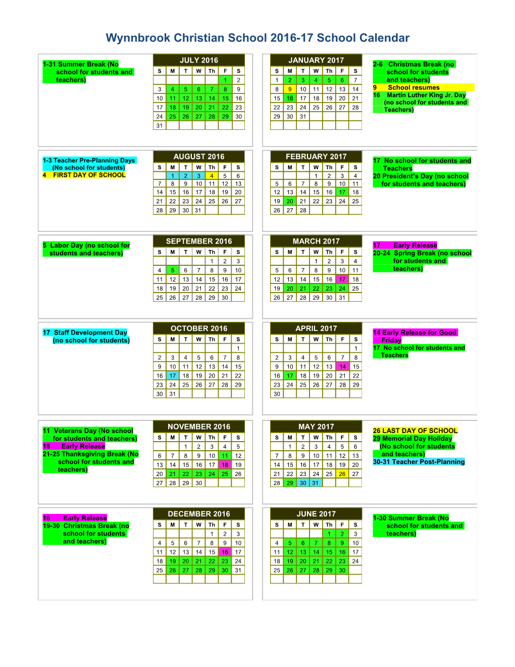 2016-17 School Calendar - Calendarlabs.Com s9