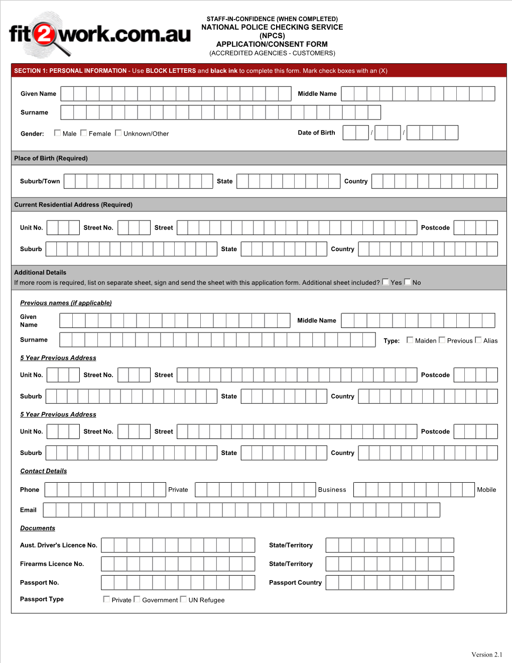 National Police Checking Service (Npcs) Application/Consent Form (Accredited Agencies - Customers)