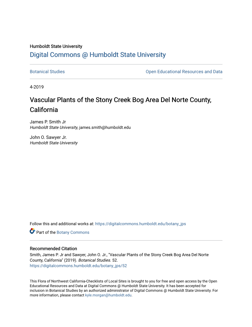 Vascular Plants of the Stony Creek Bog Area Del Norte County, California