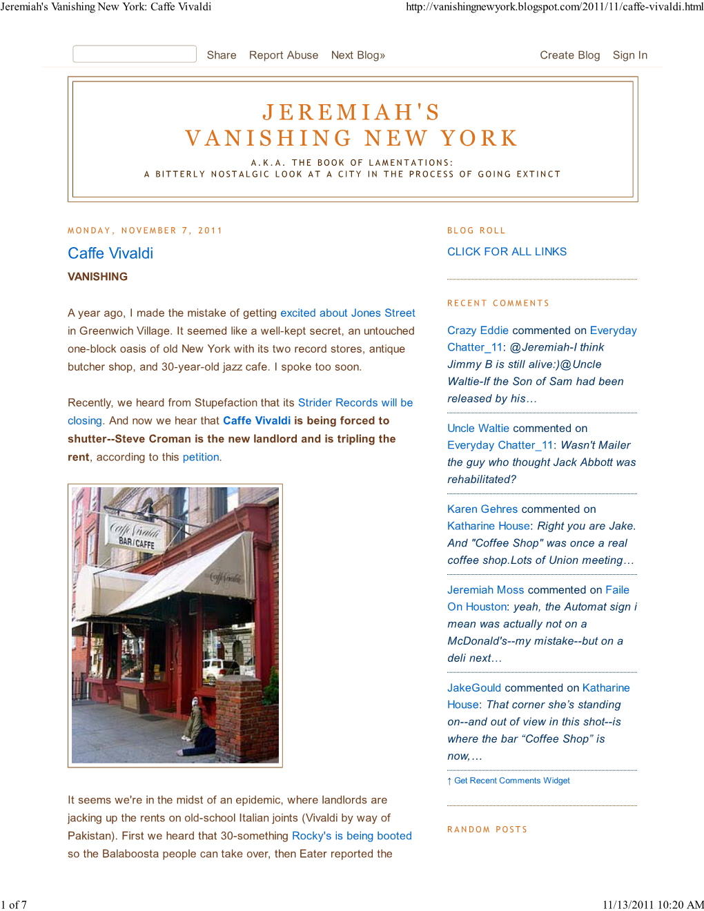Jeremiah's Vanishing New York: Caffe Vivaldi