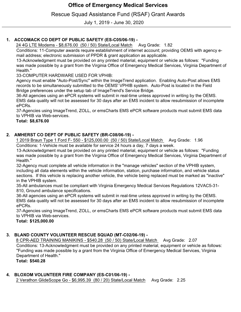 Office of Emergency Medical Services Rescue Squad Assistance Fund (RSAF) Grant Awards July 1, 2019 - June 30, 2020