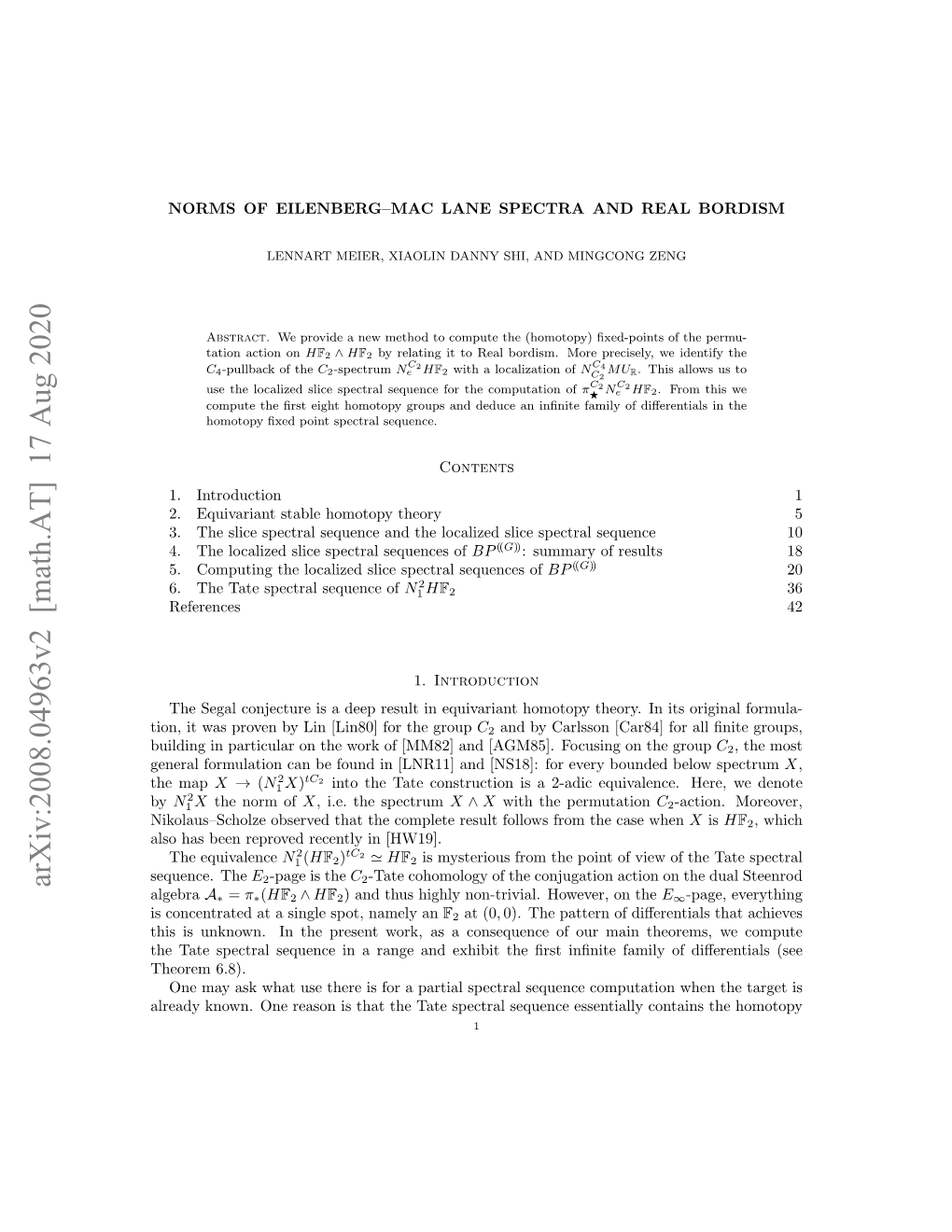 Arxiv:2008.04963V2 [Math.AT] 17 Aug 2020 Algebra = Π (HF2 HF2) and Thus Highly Non-Trivial