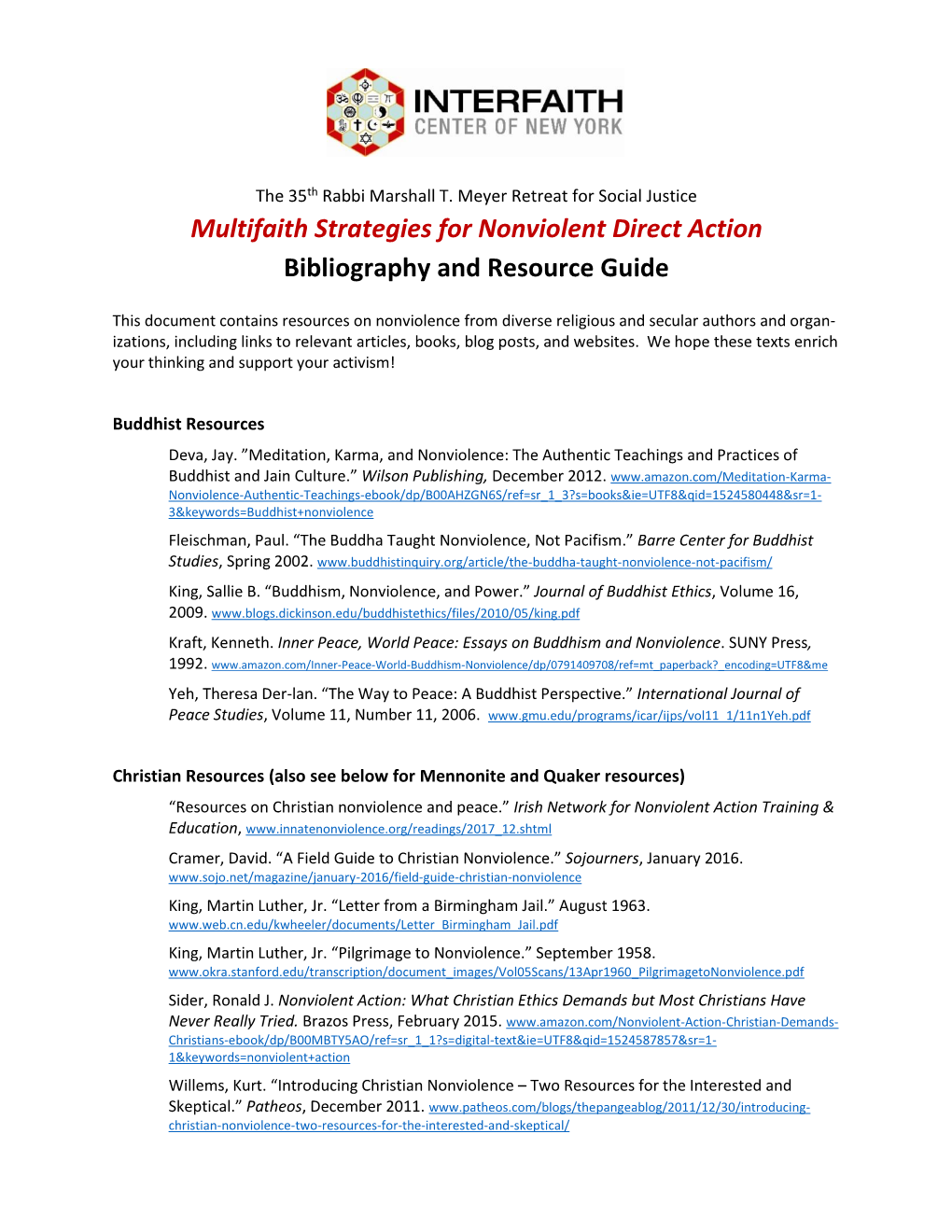 Multifaith Strategies for Nonviolent Direct Action Bibliography and Resource Guide