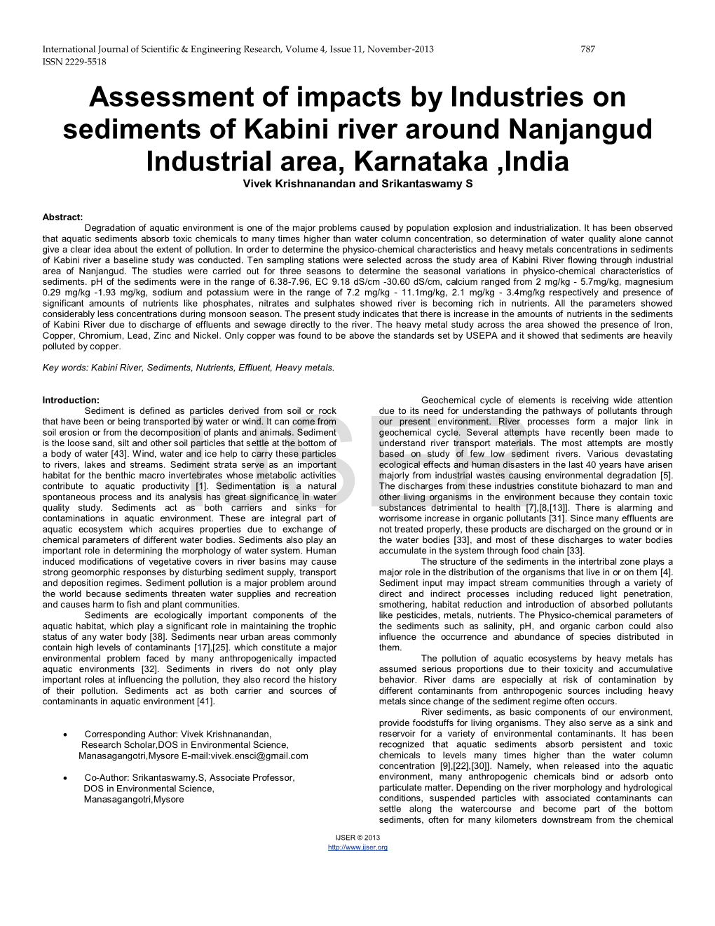 Assessment of Impacts by Industries on Sediments of Kabini River Around Nanjangud Industrial Area, Karnataka ,India Vivek Krishnanandan and Srikantaswamy S