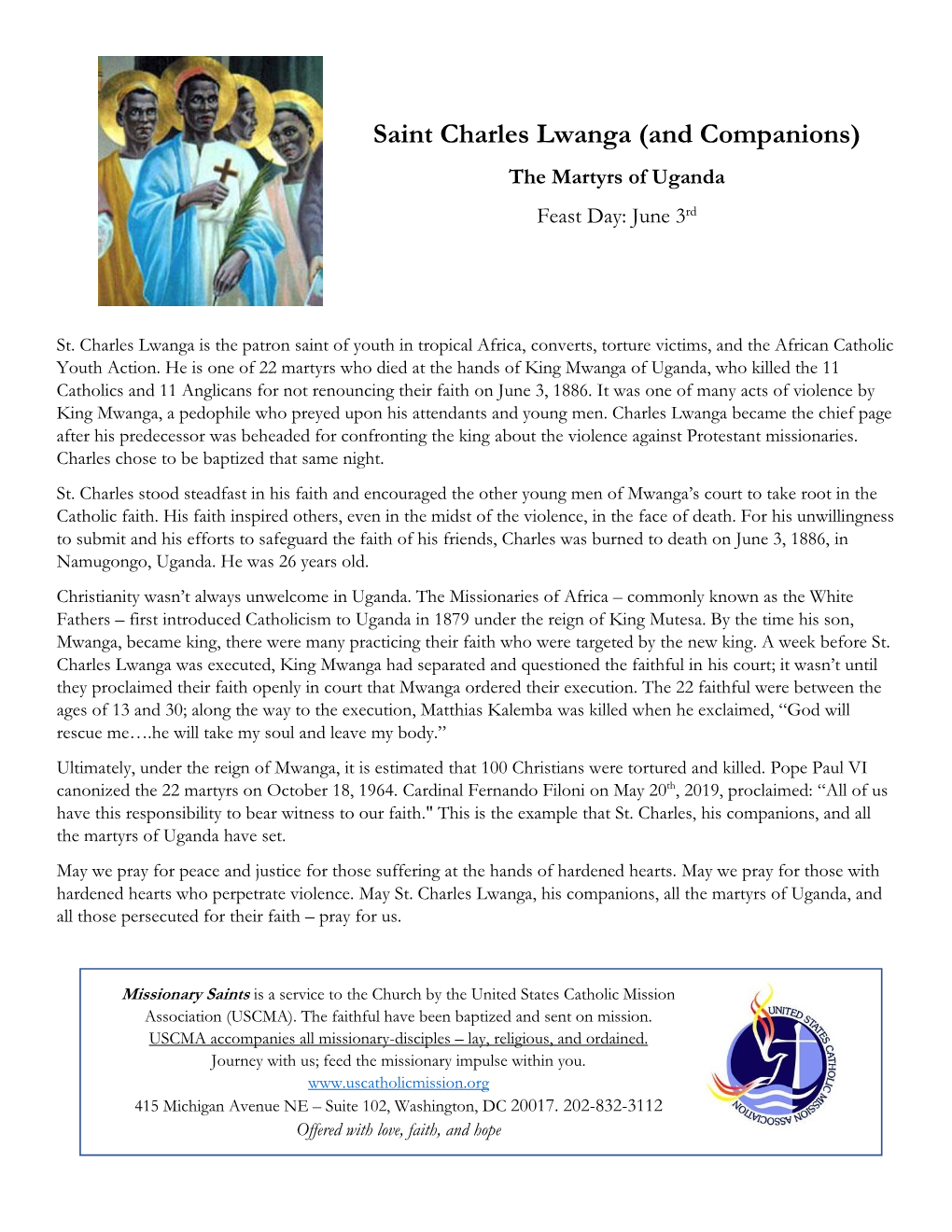 Saint Charles Lwanga (And Companions) the Martyrs of Uganda Feast Day: June 3Rd