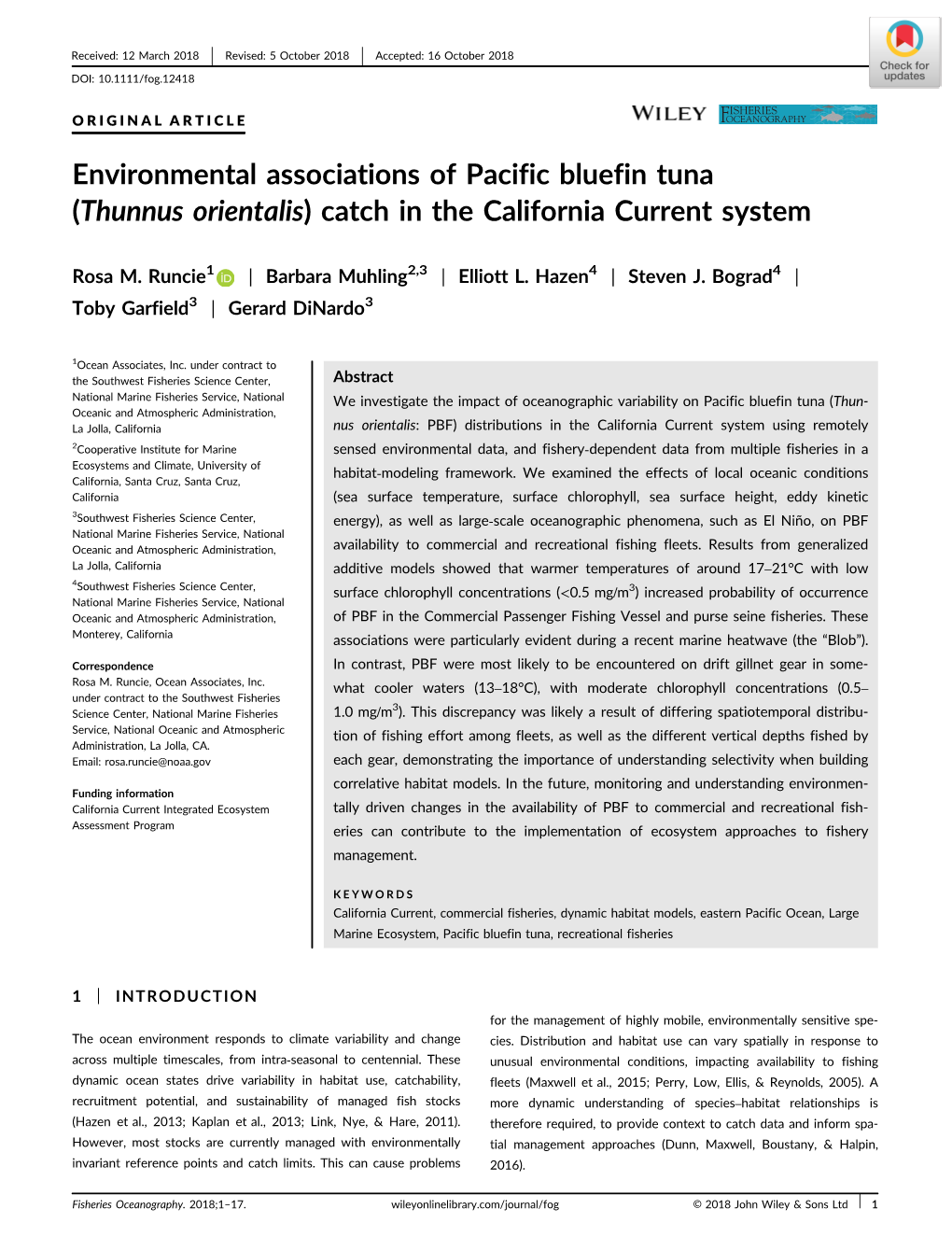 Environmental Associations of Pacific Bluefin Tuna (Thunnus Orientalis) Catch in the California Current System