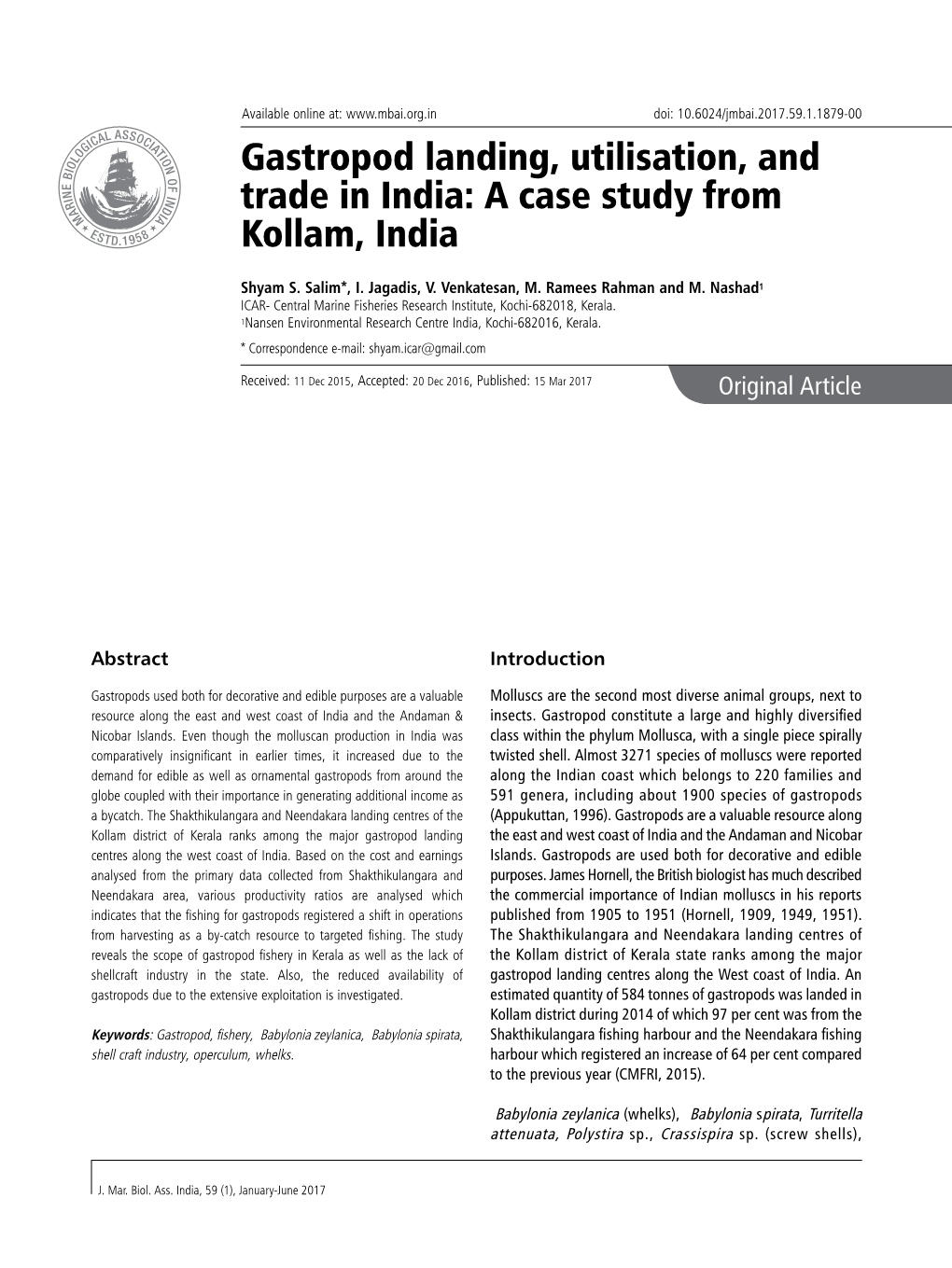 Gastropod Landing, Utilisation, and Trade in India: a Case Study from Kollam, India