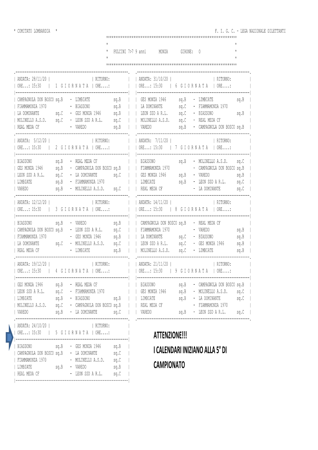 Attenzione!!! I Calendari Iniziano Alla 5° Di