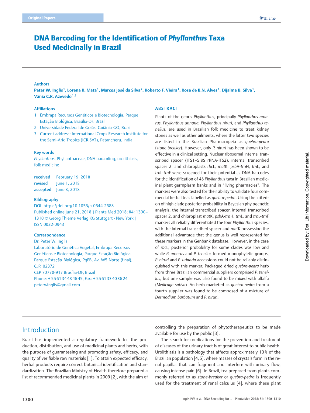 DNA Barcoding for the Identification of Phyllanthus Taxa Used Medicinally in Brazil