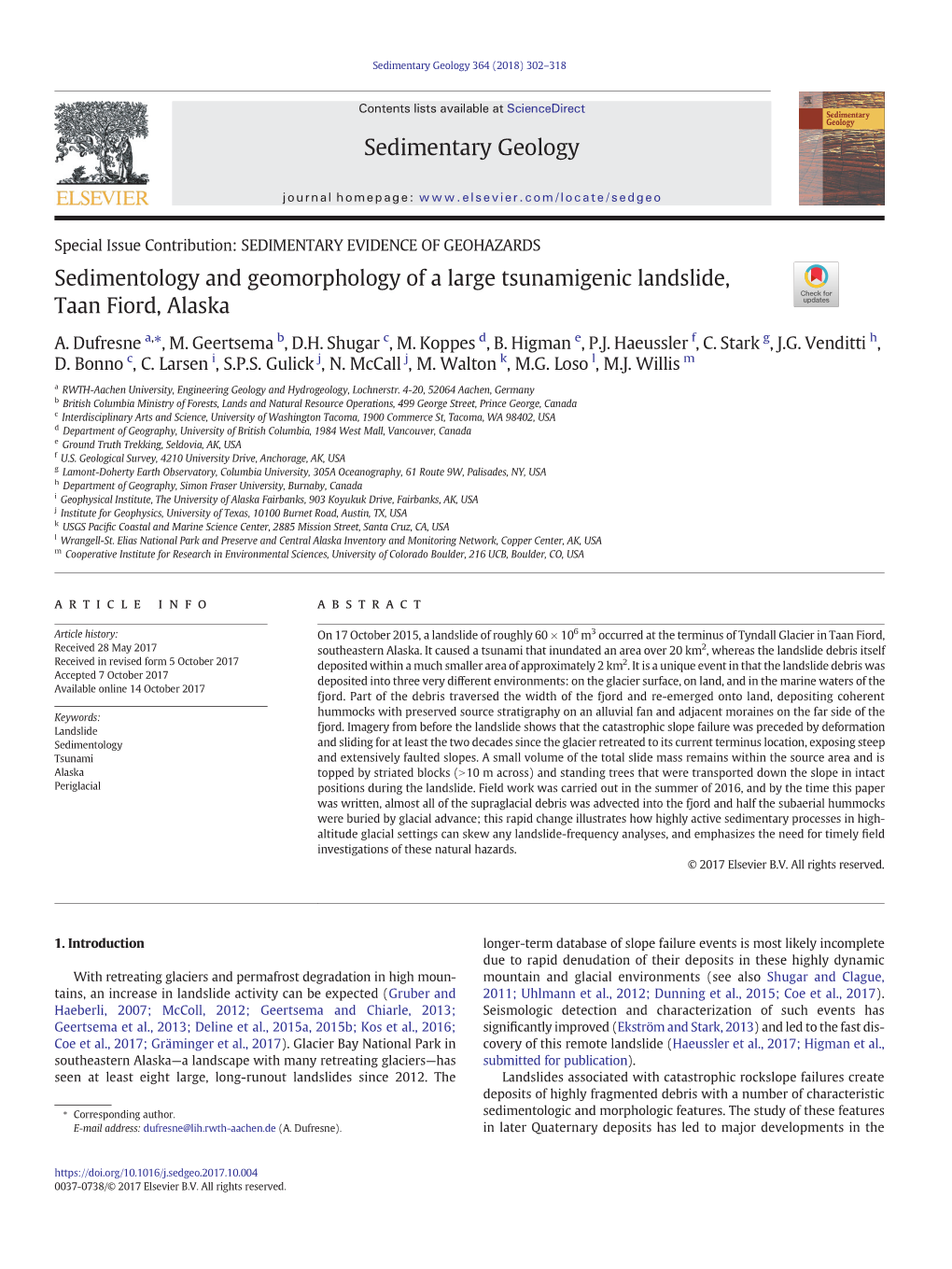 Sedimentology and Geomorphology of a Large Tsunamigenic Landslide, Taan Fiord, Alaska