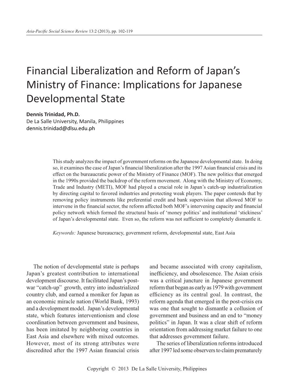 Financial Liberalization and Reform of Japan’S Ministry of Finance: Implications for Japanese Developmental State