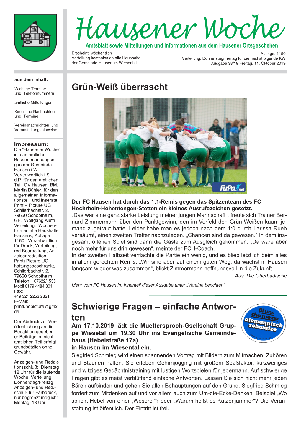 Nr. 38 Hausener Woche Vom 11.10.2019.Pdf