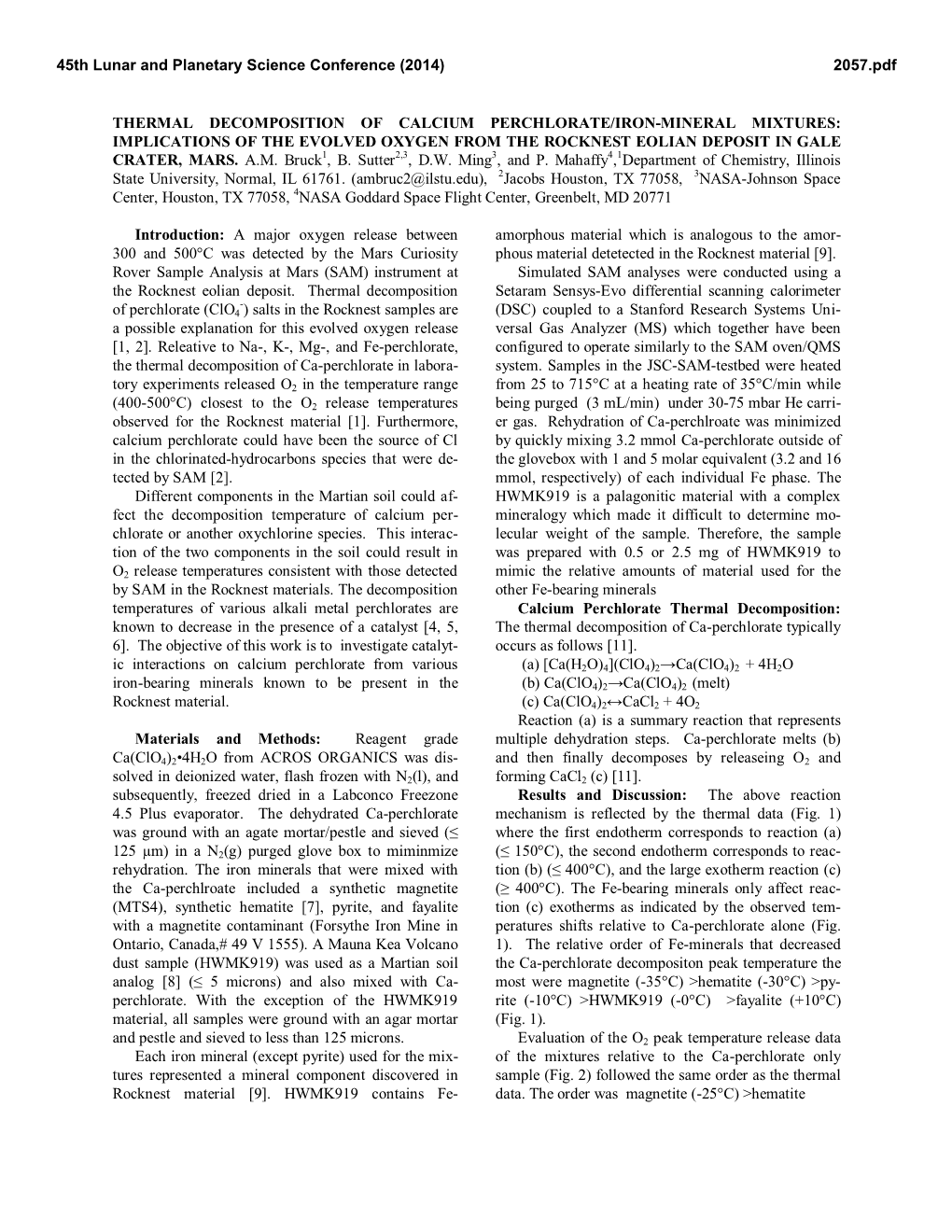 Thermal Decomposition of Calcium Perchlorate/Iron-Mineral Mixtures: Implications of the Evolved Oxygen from the Rocknest Eolian Deposit in Gale Crater, Mars