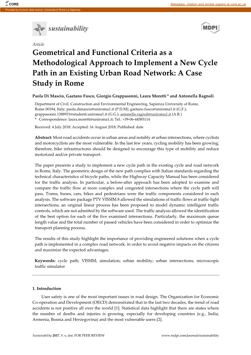 Geometrical and Functional Criteria As a Methodological Approach to Implement a New Cycle Path in an Existing Urban Road Network: a Case Study in Rome