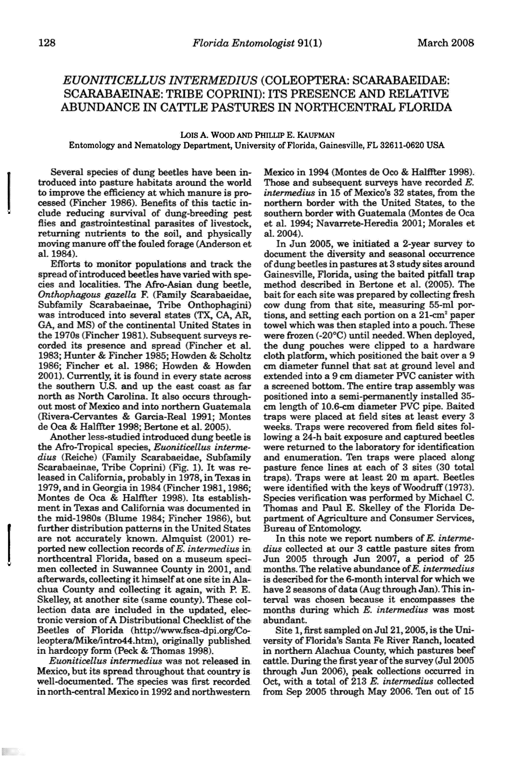 Euoniticellus Intermedius (Coleoptera: Scarabaeidae: Scarabaeinae: Tribe Coprini): Its Presence and Relative Abundance in Cattle Pastures in Northcentral Florida