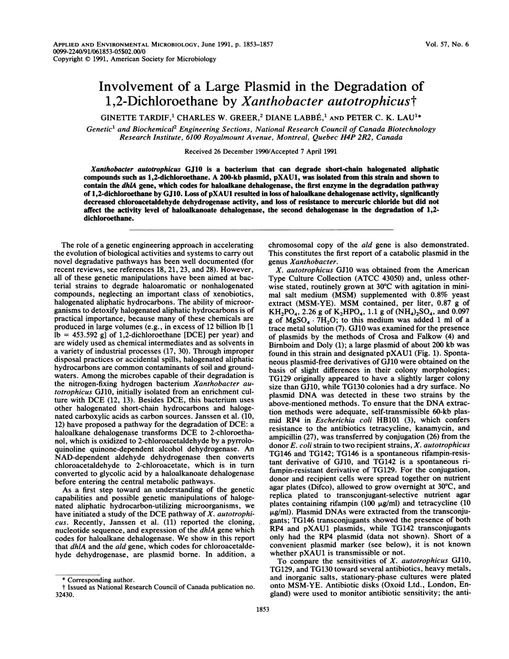 1,2-Dichloroethane by Xanthobacter Autotrophicust GINETTE TARDIF,1 CHARLES W