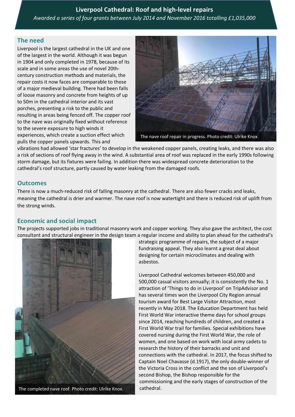 Liverpool Cathedral: Roof and High-Level Repairs Awarded a Series of Four Grants Between July 2014 and November 2016 Totalling £1,035,000