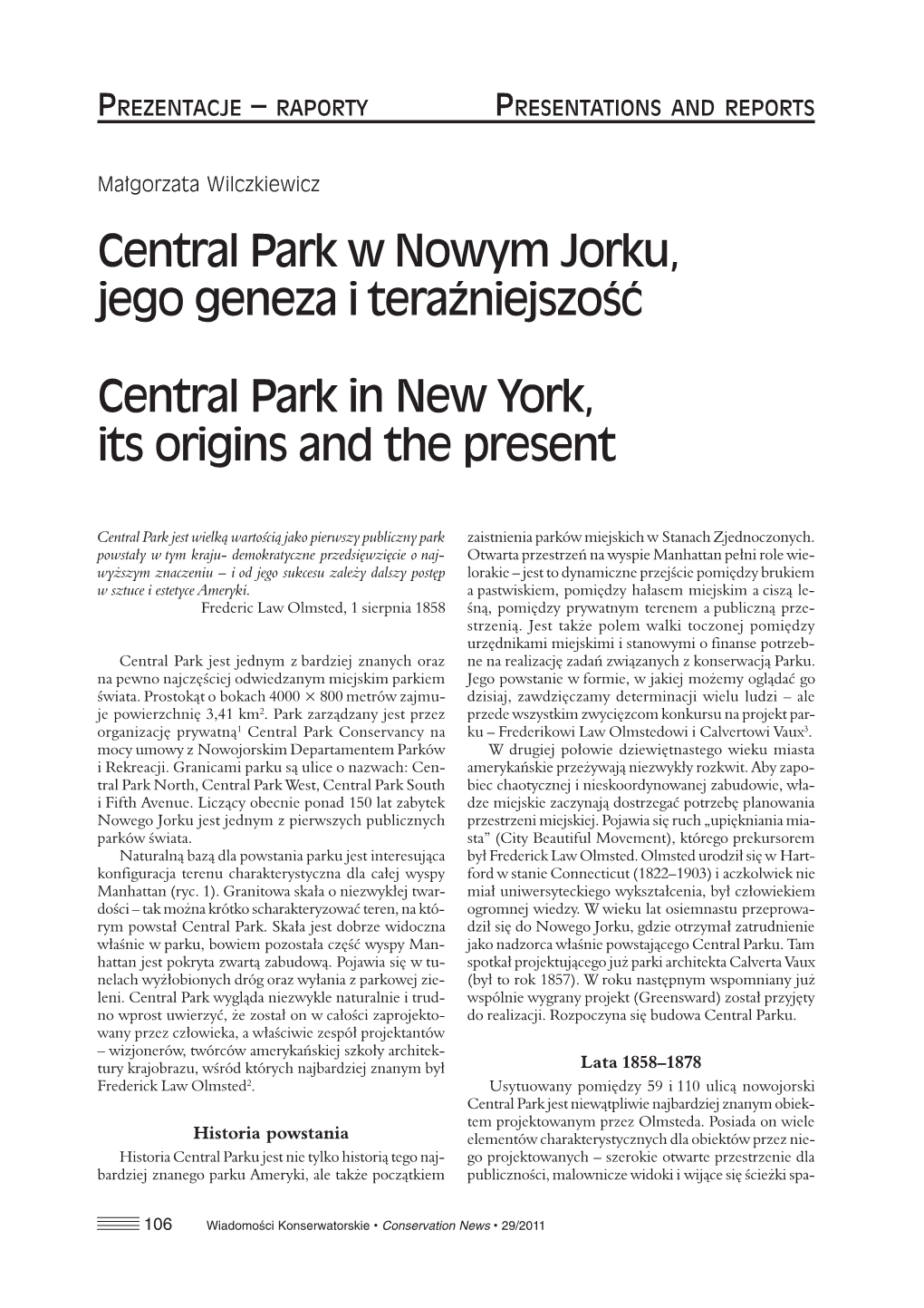 Central Park W Nowym Jorku, Jego Geneza I Teraźniejszość Central